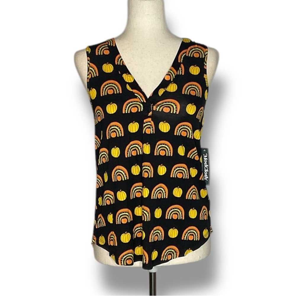 ModCloth Black Pumpkin Sleeveless Split Neck Jersey Tank Top